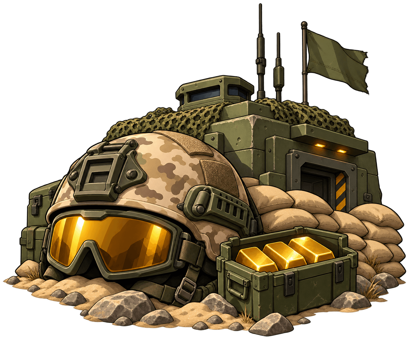 Cartoon camouflage helmet and amber goggles guarding a military bunker and a crate of gold bullion